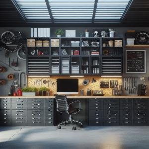 Garage Office Design Ideas with large metal file cabinets to store auto parts-6